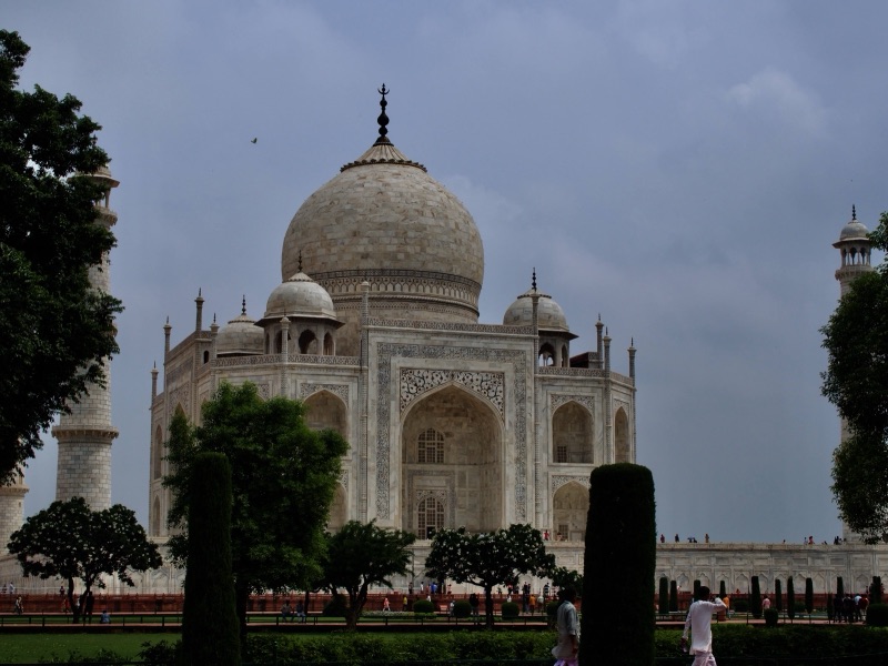 Taj Mahal from the gardens with trees framing the dome