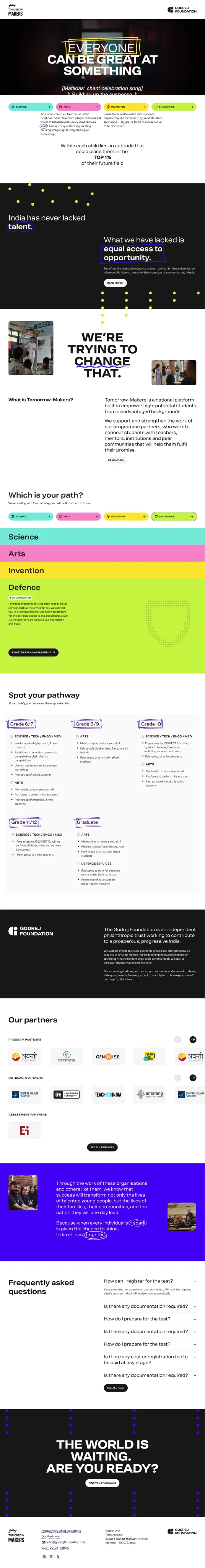 Full Tomorrow Makers homepage — Everyone Can Be Great At Something hero, four pathways, pathway grade cards, partner logos, FAQs and closing call to action