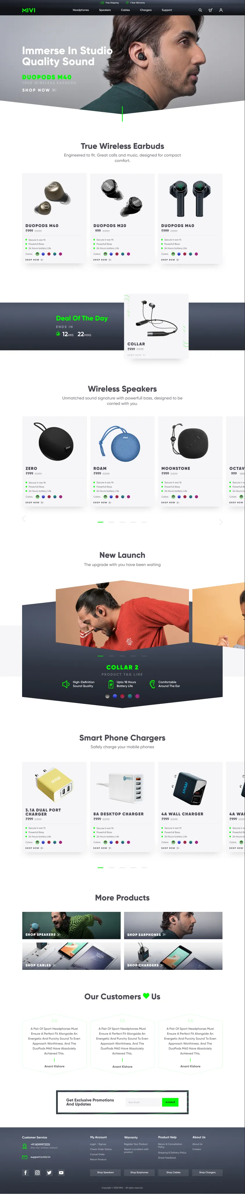 Full Mivi homepage — hero banner, true wireless earbuds, deal of the day, wireless speakers, new launches, smart phone chargers and customer reviews