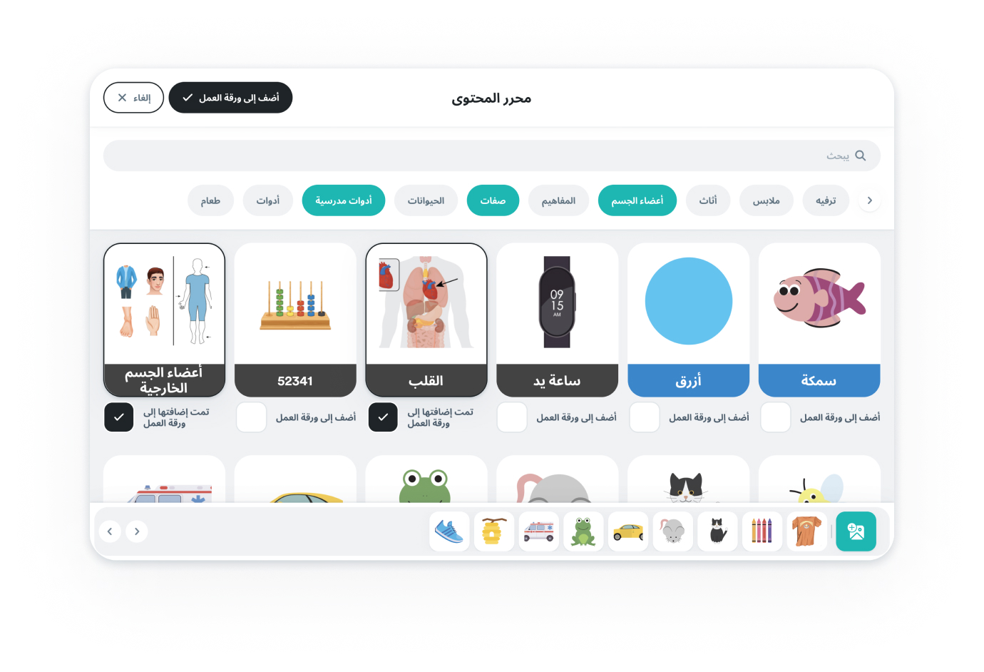 SAUT flashcard content library — categorised visual assets for body parts, vehicles, animals