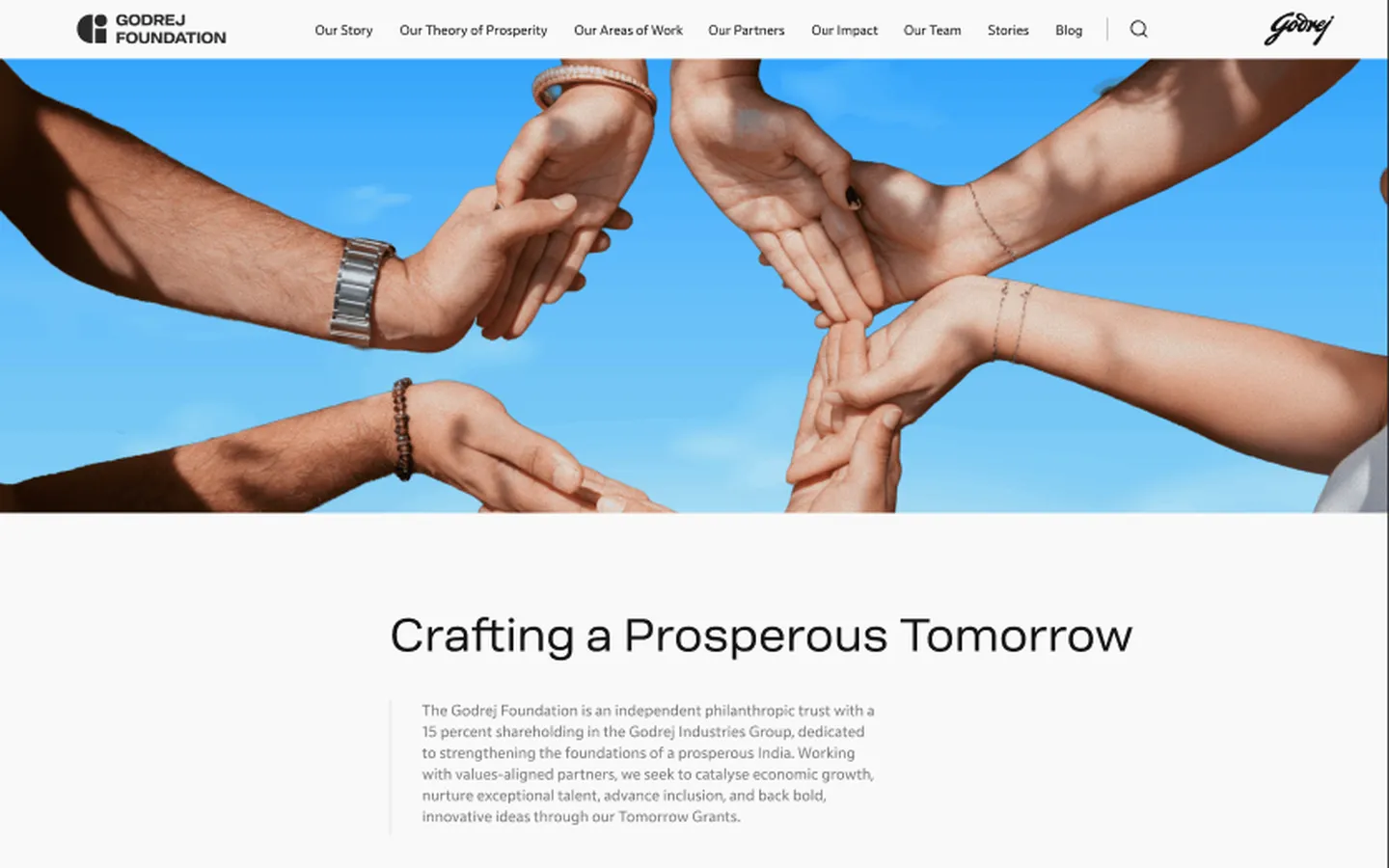 Godrej Foundation v2 — new Godrej branding with Crafting a Prosperous Tomorrow hero