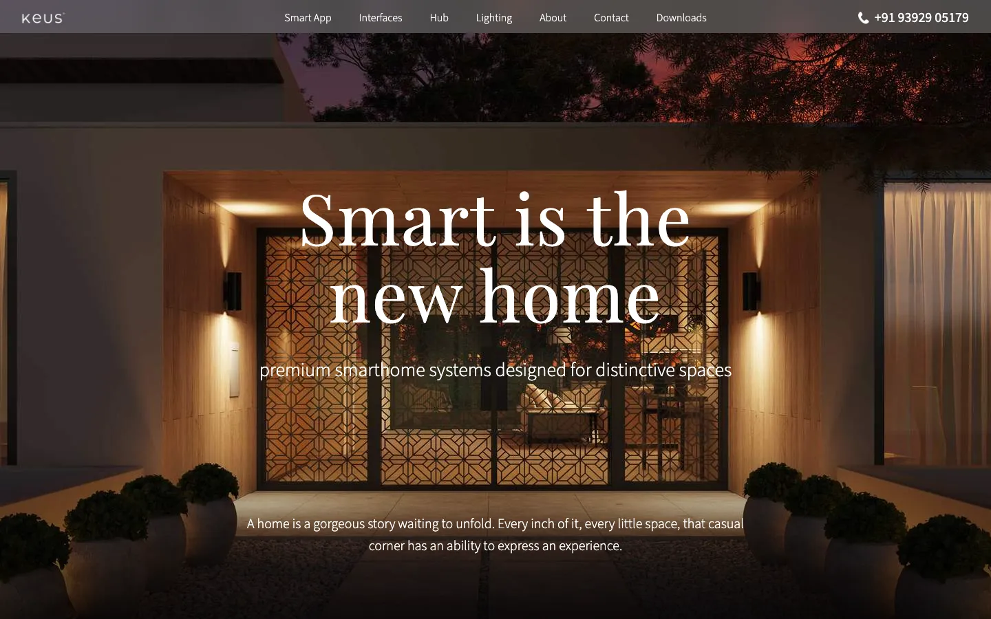 Keus homepage — Smart is the new home, scroll-driven hero with luxury residence backdrop