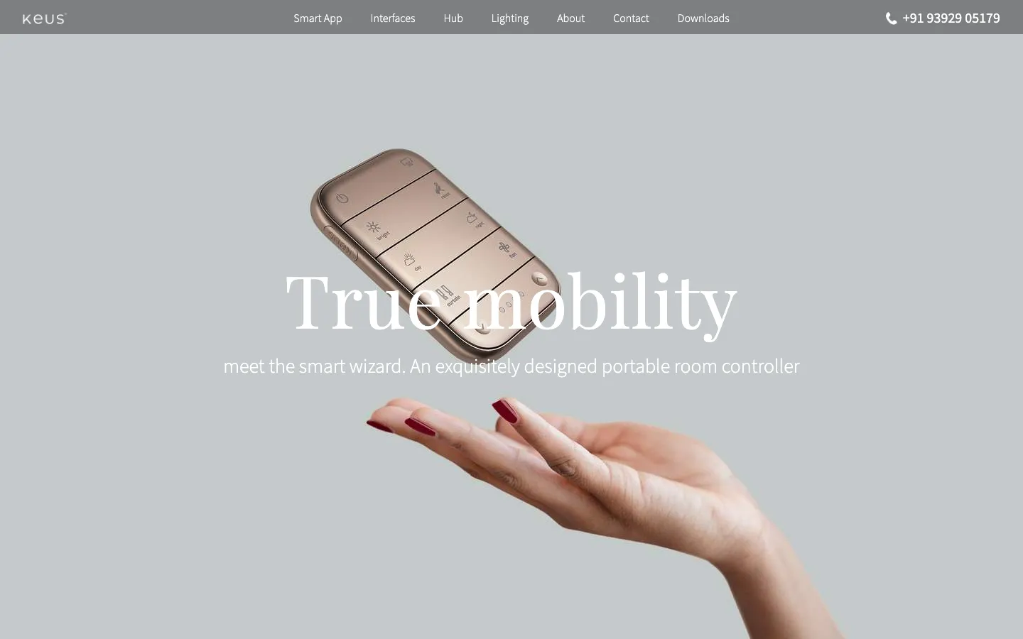 Scene Wizard page — True mobility, portable room controller floating above a hand