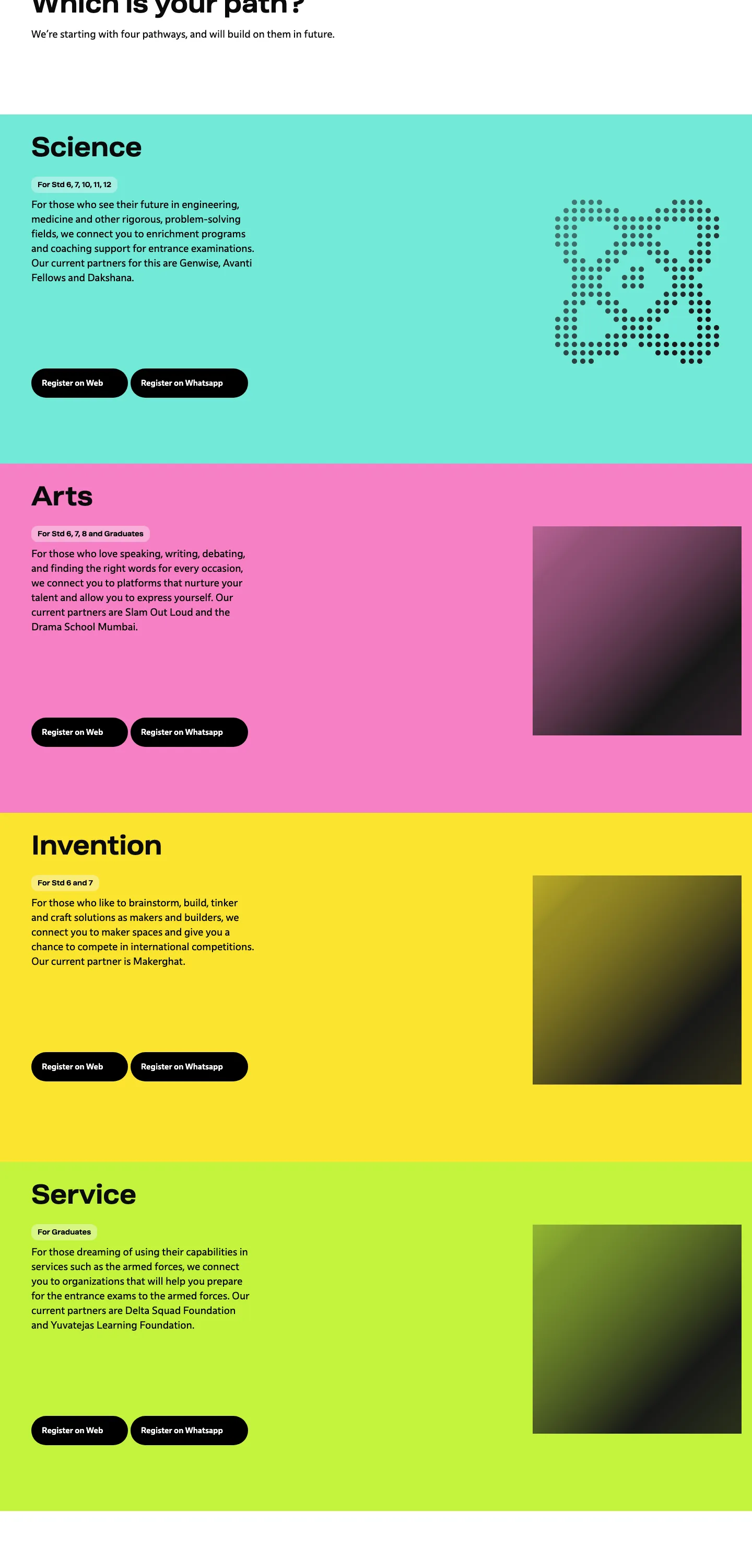 Four pathways section — Science in teal, Arts in magenta, Invention in yellow, Service in dark